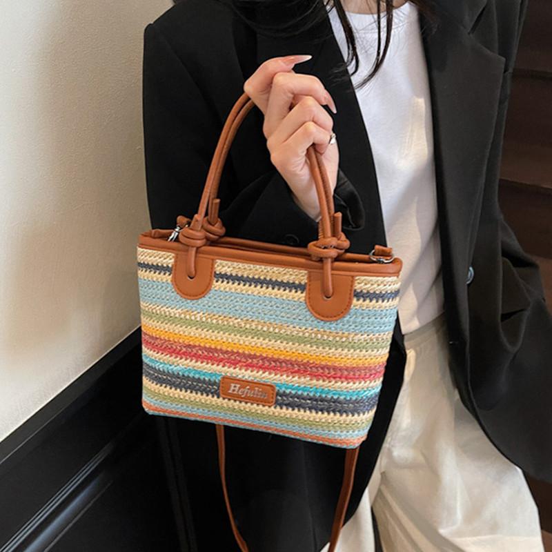 2025 New Fashion Women Summer Boho Woven Rainbow Straw Beach Handbags New Brand Trendy Vacation Tote Bag Crossbody Shoulder Bag