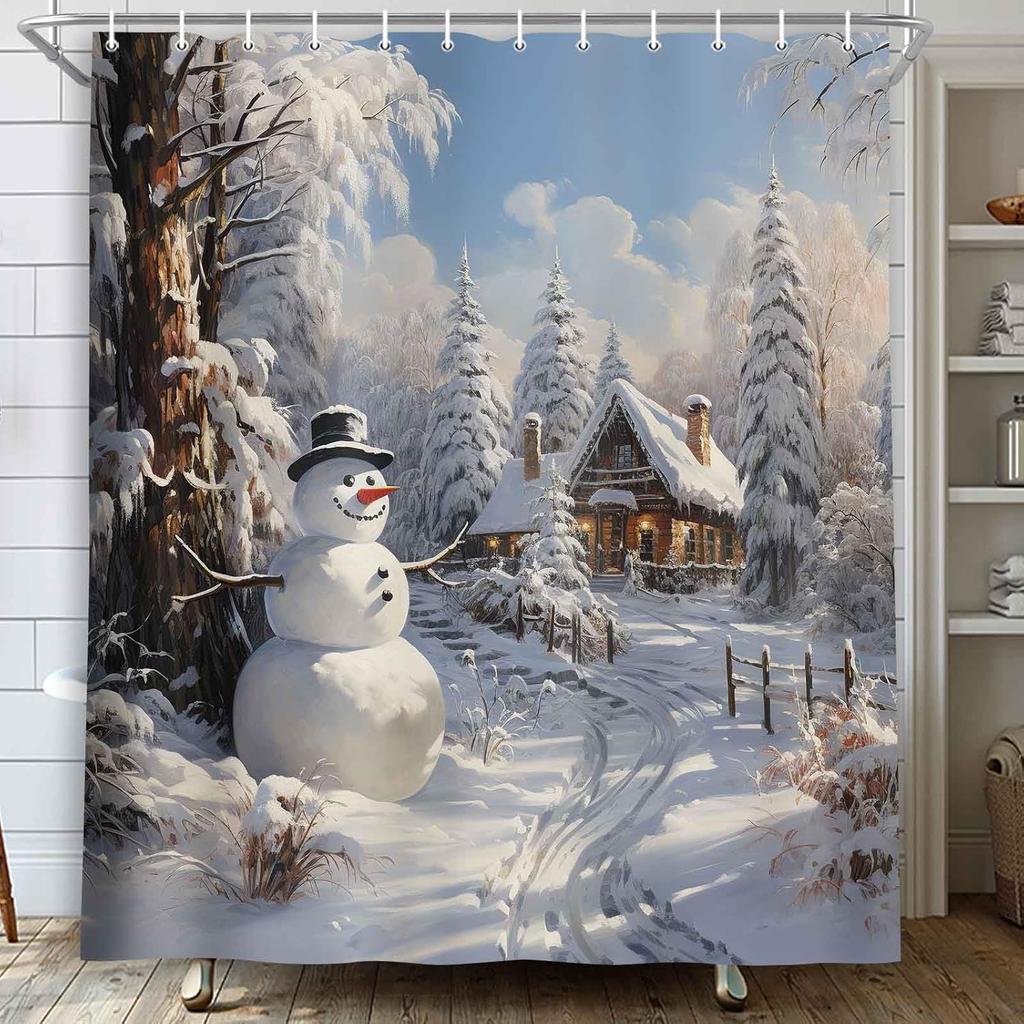 MERCHR Christmas Snowman Shower Curtain, Winter Snow Trees Rustic Farmhouse Bathroom Curtains, Durable Waterproof Fabric Bathtub Sets Home Decor 71 x