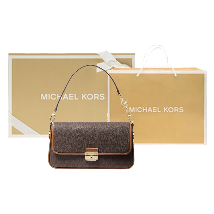 Michael Kors Bradshaw Cow Leather Baguette Bag, Shoulder Bag, Handbag Women's Dark Brown & Acorn Brown 30S1G2BL1B-252
