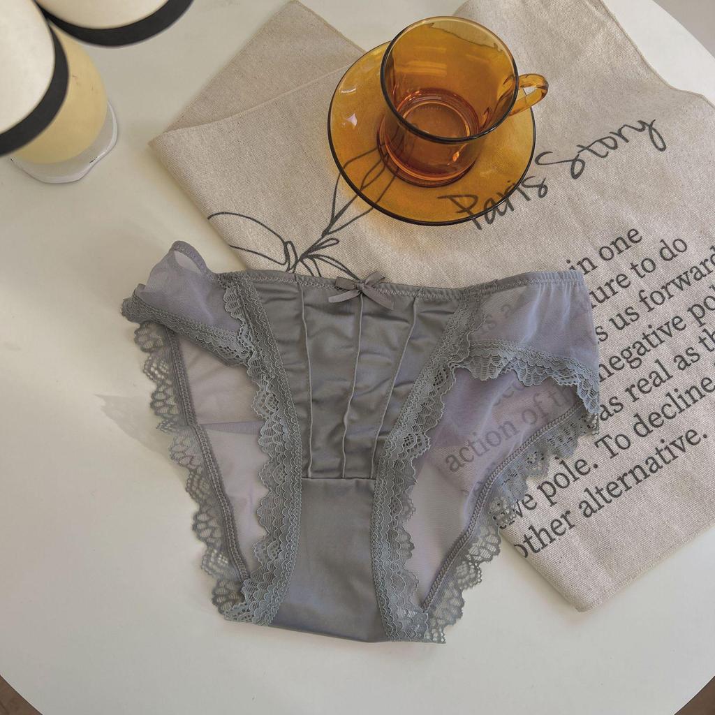 Women's French Retro White Satin Lace Thongs - Mid-Low Waist, Sexy Mesh Design