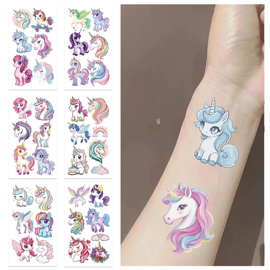 New Cartoon Unicorn Series Flash Powder Tattoo Stickers Waterproof Children's Party Gifts Funny and Interesting