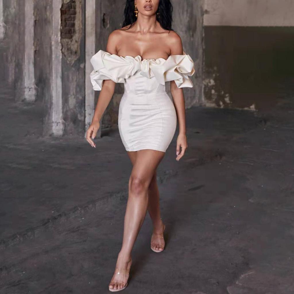Sexy dress, waist-cinched hip skirt, bandeau one-shoulder, fishbone ruffled dress