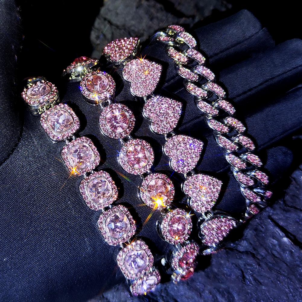 1Pcs Pink Rhinestones Miami Cuban Chain Bracelet for Women Men Iced Out Chunky Tennis Bracelets Fashion Gifts Jewelry Wholesale