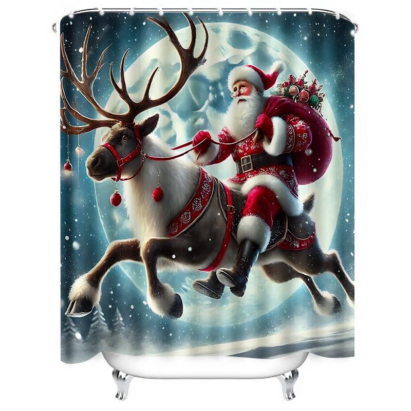 Santa Claus Riding Reindeer Shower Curtain Festive Christmas Decor Waterproof Fabric For Bathroom Home Improvement Elevate Space