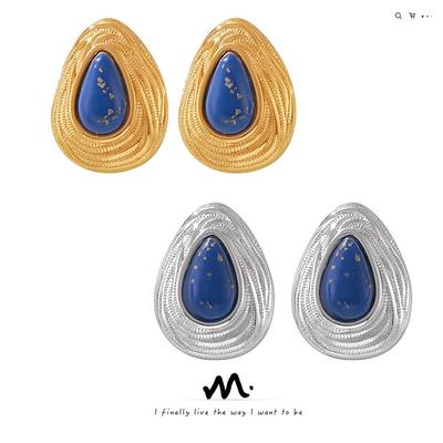 Brincos retrô em formato de lágrima com pedra dourada azul: Aço titânio banhado a ouro 18k, estilo europeu e americano, design elegante para mulheres.