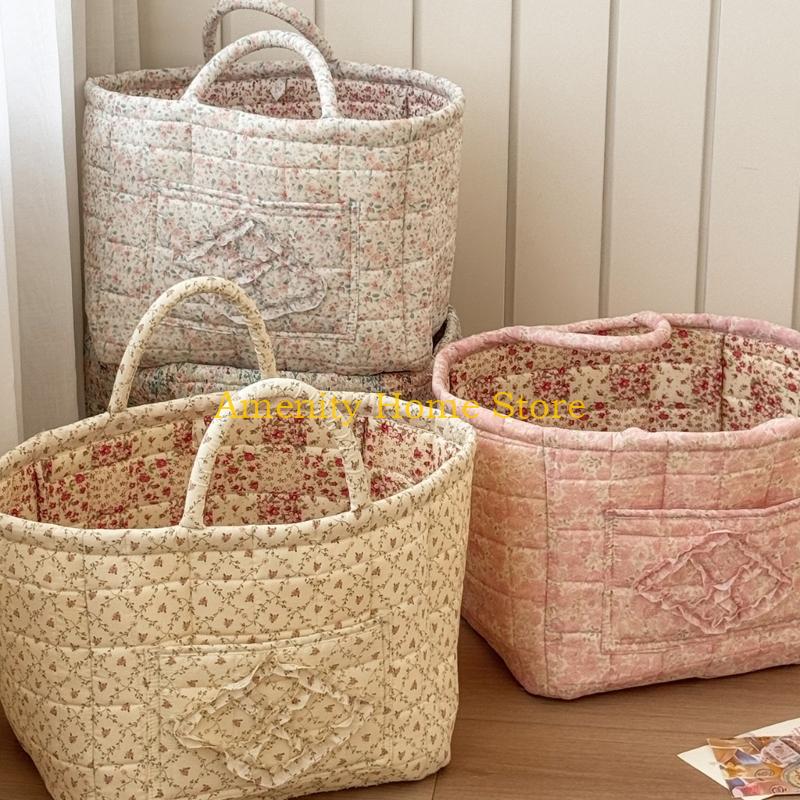 F26C Floral Pattern Quilted Cotton Storage Basket Foldable Lightweight with Handles for Home Laundry Toy Organization