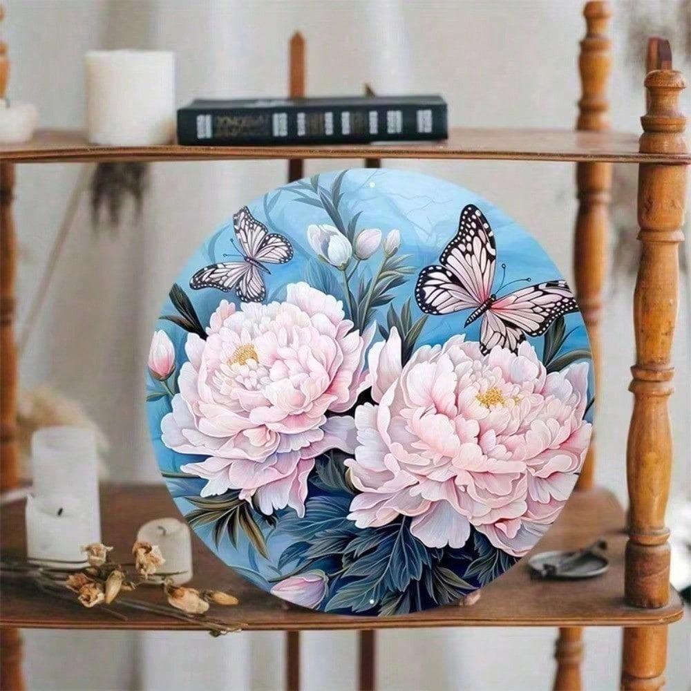 Outdoor Metal Wreath Sign Peony Butterfly Door Decor Wall Art Hanging 8x8 Inch