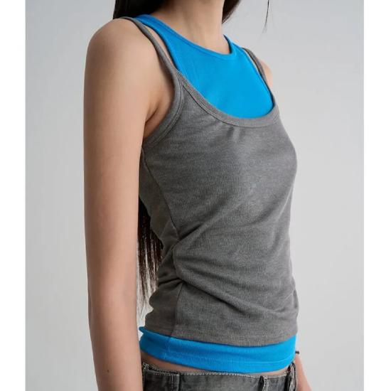 Layered Hem Sleeveless Top - Gray | Contrast Trim Slim-Fit Tank Top S