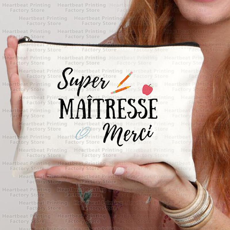 French Thank You Maîtresse Print Travel Cosmetics Bag Lipstick Bag Pencil Case Pouch Bags for Women Back To School Gift