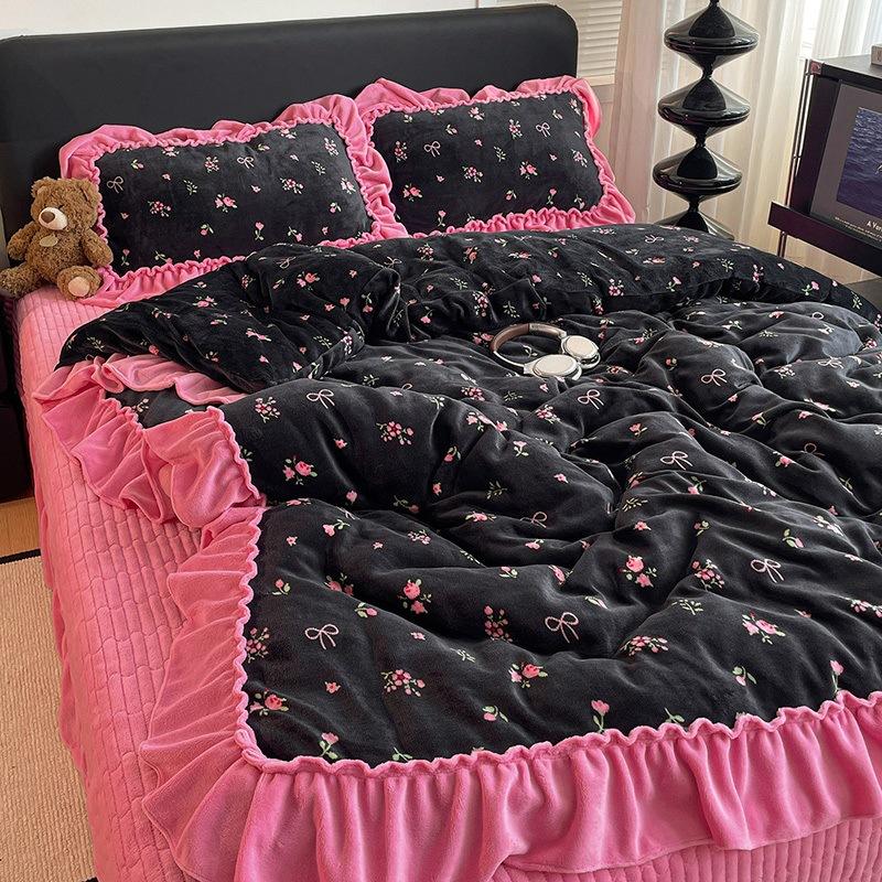 Premium Leopard Print Thickened Milk Fleece Rabbit Plush Lace Bed Cover Four-Piece Warm Double-Sided Fleece Bed Hat