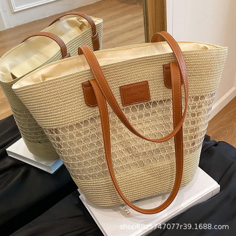 Shoulder large capacity women's bag seaside vacation woven tote bag straw bag portable French beach bag new