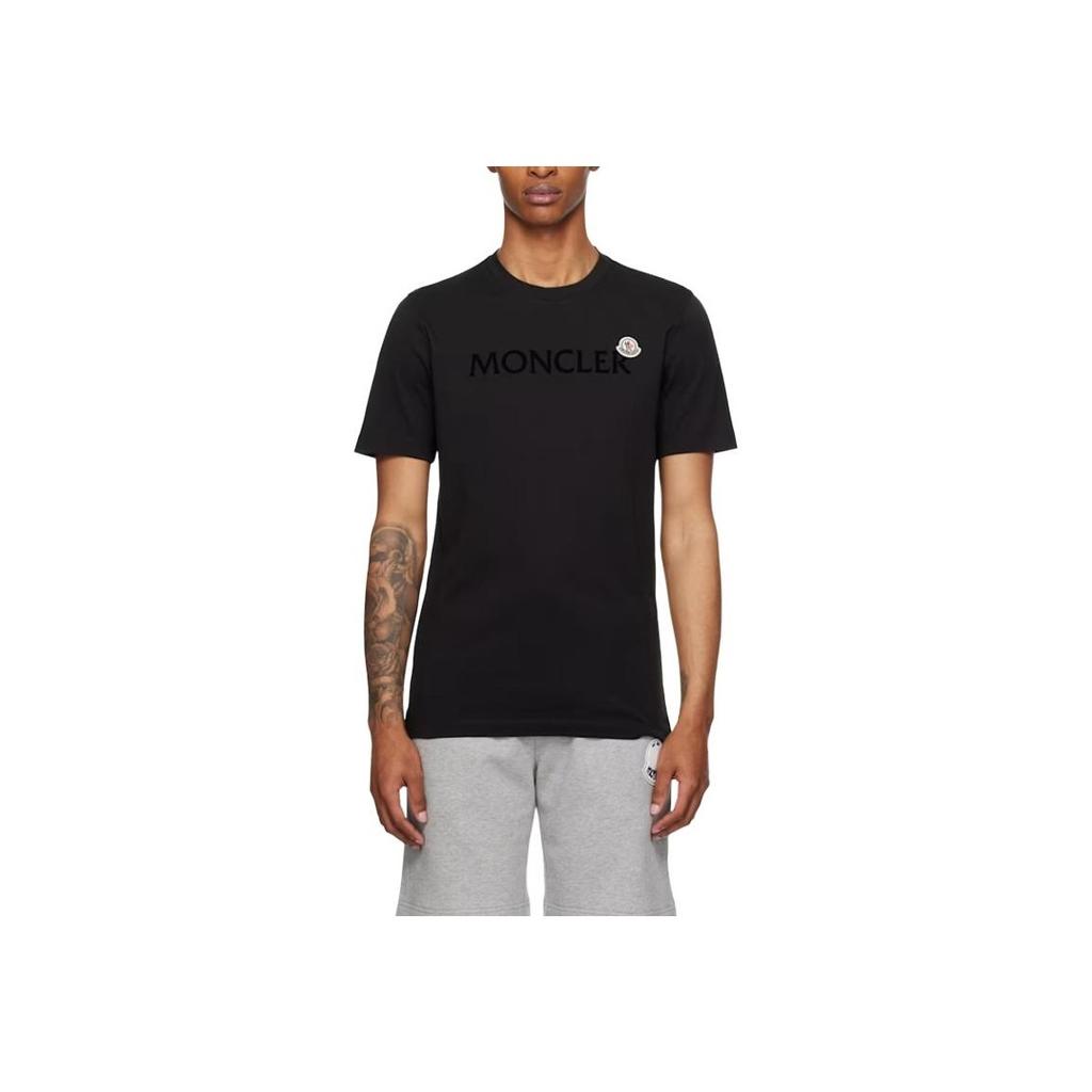 Moncler Bawełniany T-shirt z Logo Welurowym Męskie Koszulki Czarne K2-091-8C00036-8390T-999