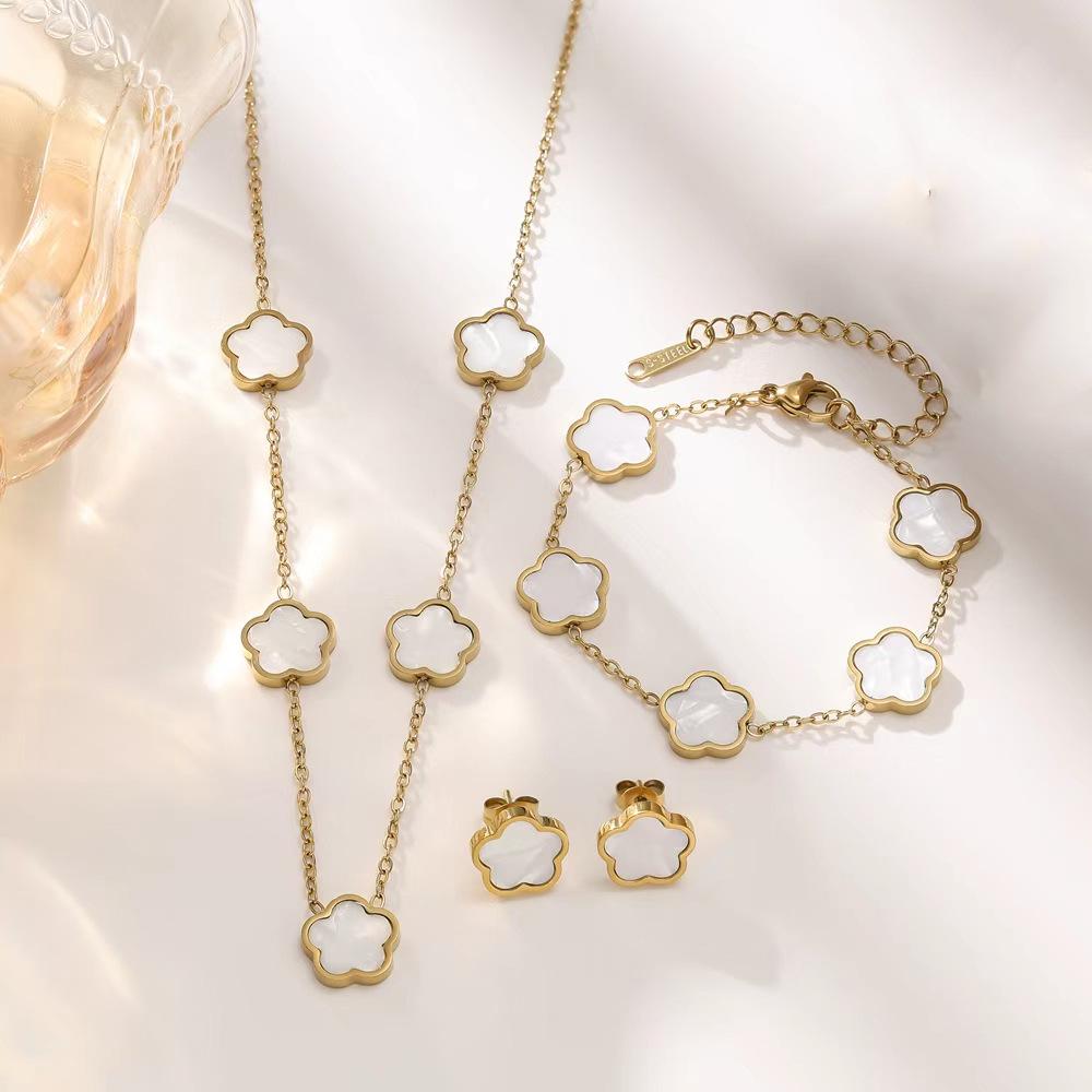 18K Gold Luxury Titanium Steel Shell Flower Jewelry Set: Bracelet, Necklace & Stud Earrings for Women