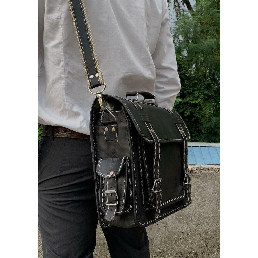 Geanta de umar Messenger din piele vintage neagra lucrata manual Rucsac Geanta pentru laptop