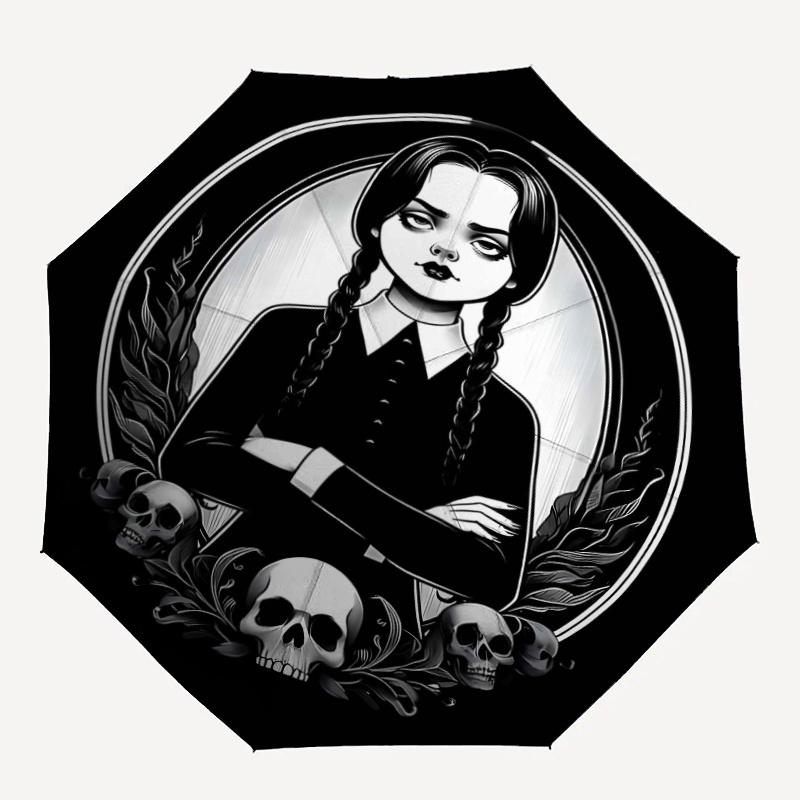 Poster Wednesday Addams Automatic Opening and Closing Umbrella - Lightweight 3-Fold Design, Suitable for Fans, Travel, Daily Use - Official