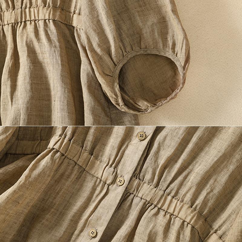 Cotton Linen Bat Shirt Female Large Size Spring and Summer Chic and Elegant Waist V-neck Seven-point Lantern Sleeve Shirt