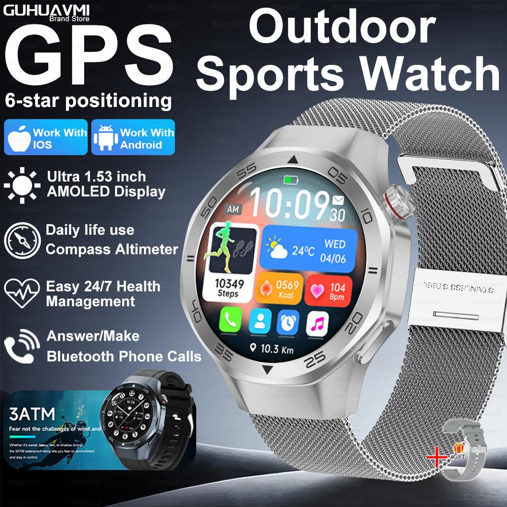 New GPS Position Smart Watch Men 1.53'' AMOLED HD Screen Compass Heart Rate 3ATM Waterproof Call Sports Business Smart Watch