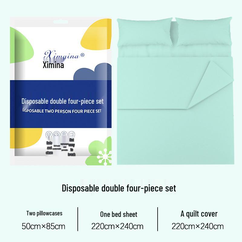 Purple Disposable 4-Piece Non-Woven Bedding Set: Bed Sheet & Duvet Cover for Hotel or Travel. Ideal for Comfortable, Naked Sleeping.