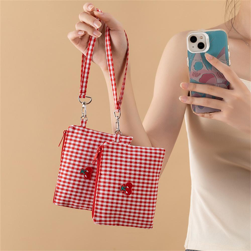 Cherry Canvas Makeup Bag Portable Red Plaid Large Capacity Cosmetics Lipstick Storage Bag Pouch Zipper Toiletry Handbag