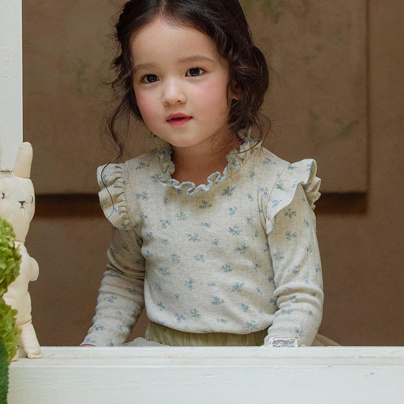 2025 Spring Strawberry Korean Toddler Girls' Puff Sleeve Lace Collar Floral Top