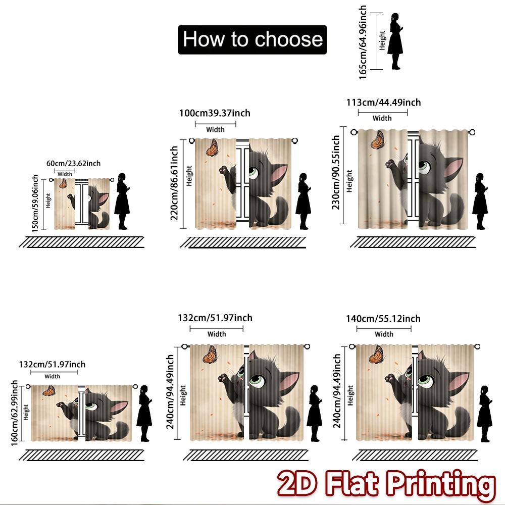 2D flat printing 2pcs Window Curtains Cute black kitten butterfly Digital Printed Polyester Drapes Party Decorations Perfect for