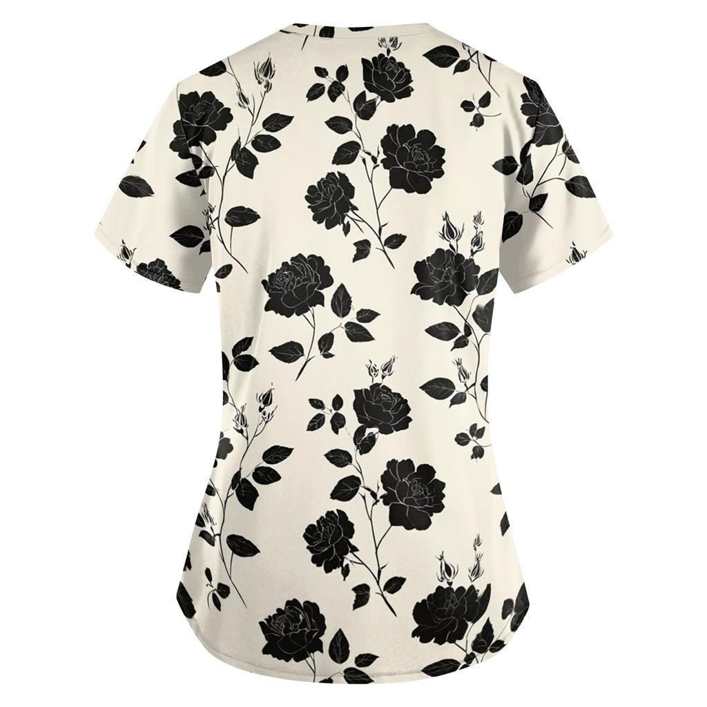 Loose Fit V Neck Pocket Short Sleeve Medical Scrub Top Floral Pattern Nurse Uniform Workwear for Healthcare Professionals