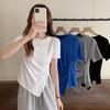 Women's Crew Neck Short Sleeve Tee Slim Fit Solid Color Ruched Side Slit Irregular Hem Milk Silk Top Summer French Commuter Blouse