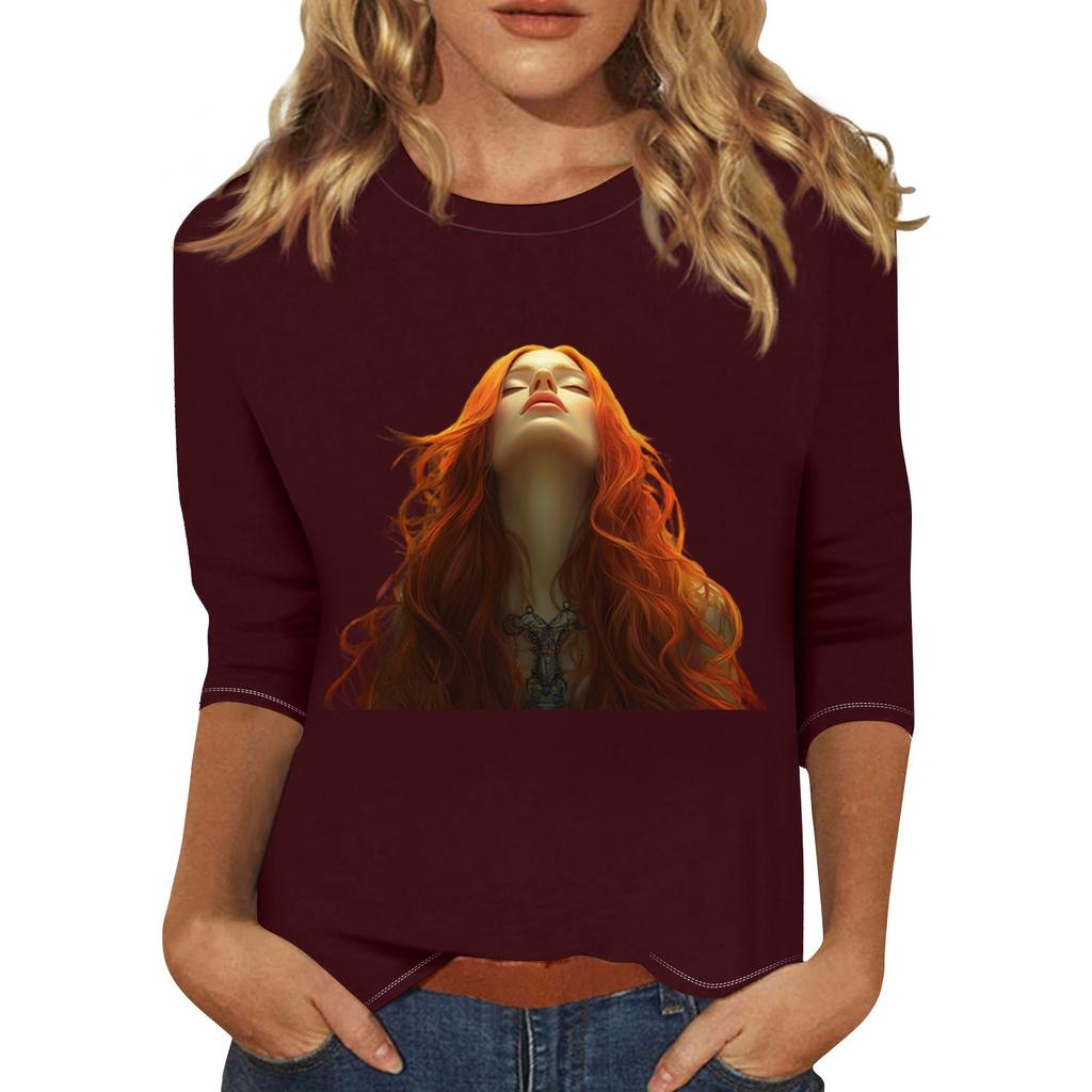 Women's Fashion Casual Three-quarter Sleeve Character Printed Round Neck Pullover Top