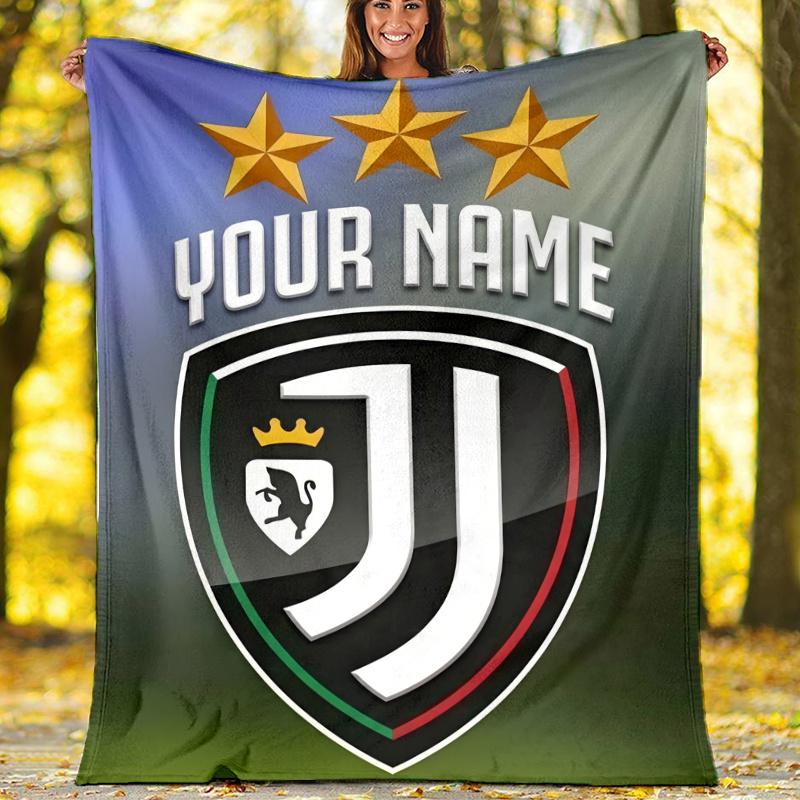 1pc Personalized Name Juventus Theme Blanket - Digital Print, Polyester, Cozy for All Seasons, Perfect for Outdoor, and Travel