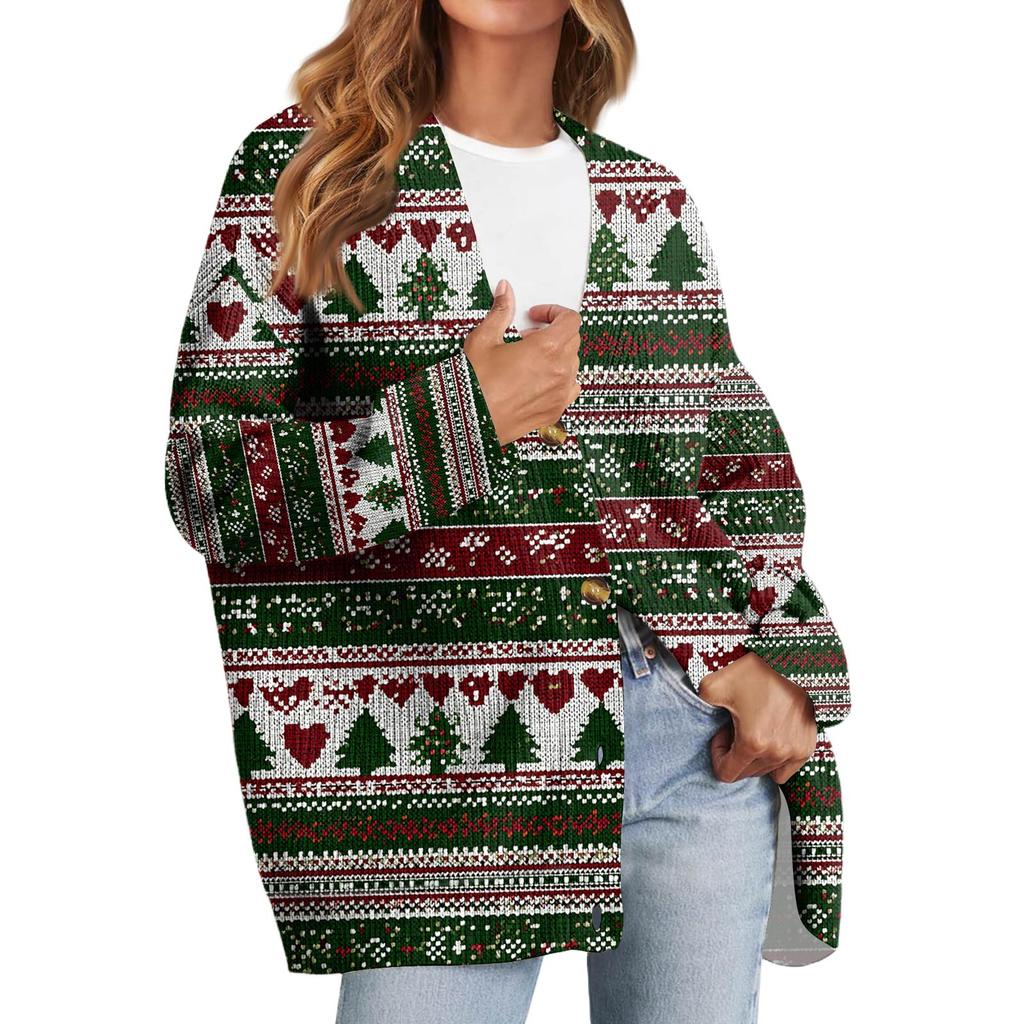 Women's Fashion Long Sleeve Christmas Print V-Neck Button Loose Cardigan Top