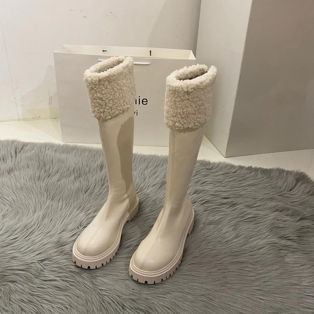 Fashion Women Winter New Soft Leather Knee Boots Ladies Fashion Outdoor Thick Soled Black Long Round Toe Knee-high Knight Boots Footwear