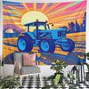 Retro Pop Art Blue Farm Tractor Under Radiant Sunset Tapestry Wall Hanging Colorful Country Decor for Kitchen Gift