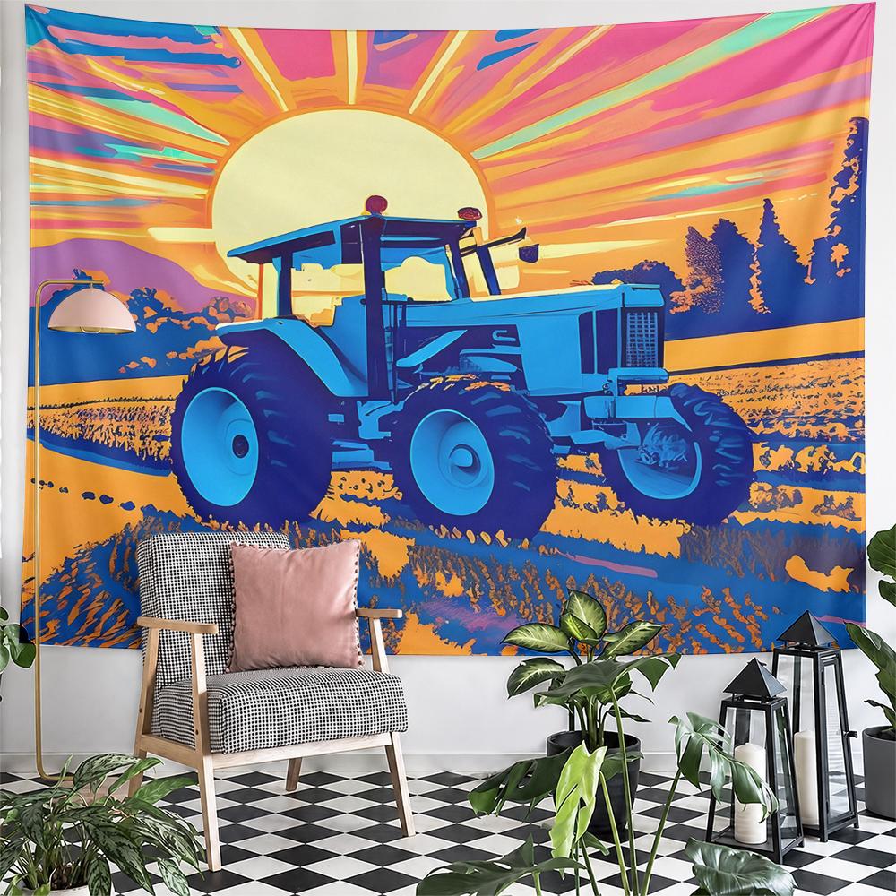 Retro Pop Art Blue Farm Tractor Under Radiant Sunset Tapestry Wall Hanging Colorful Country Decor for Kitchen Gift