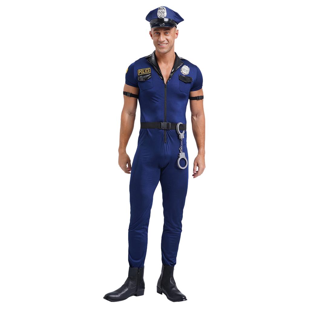 Mens Halloween Police Cosplay Costume Front Zipper Jumpsuit Complete Hat Belt Manacles Badge Seven Piece Cop Set