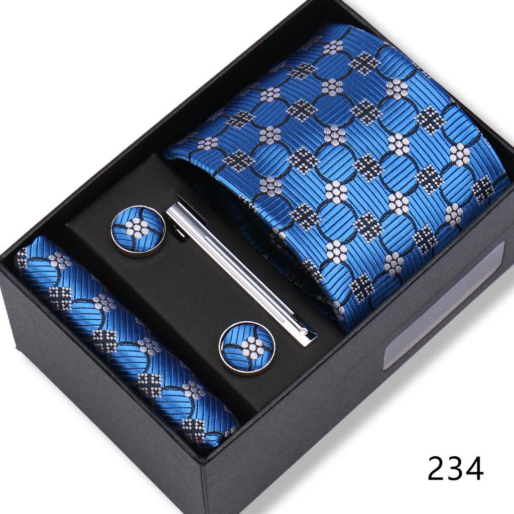 Men's Black & Wine Red Striped Plaid Tie Set with Pocket Square - Formal Wedding Gift Box