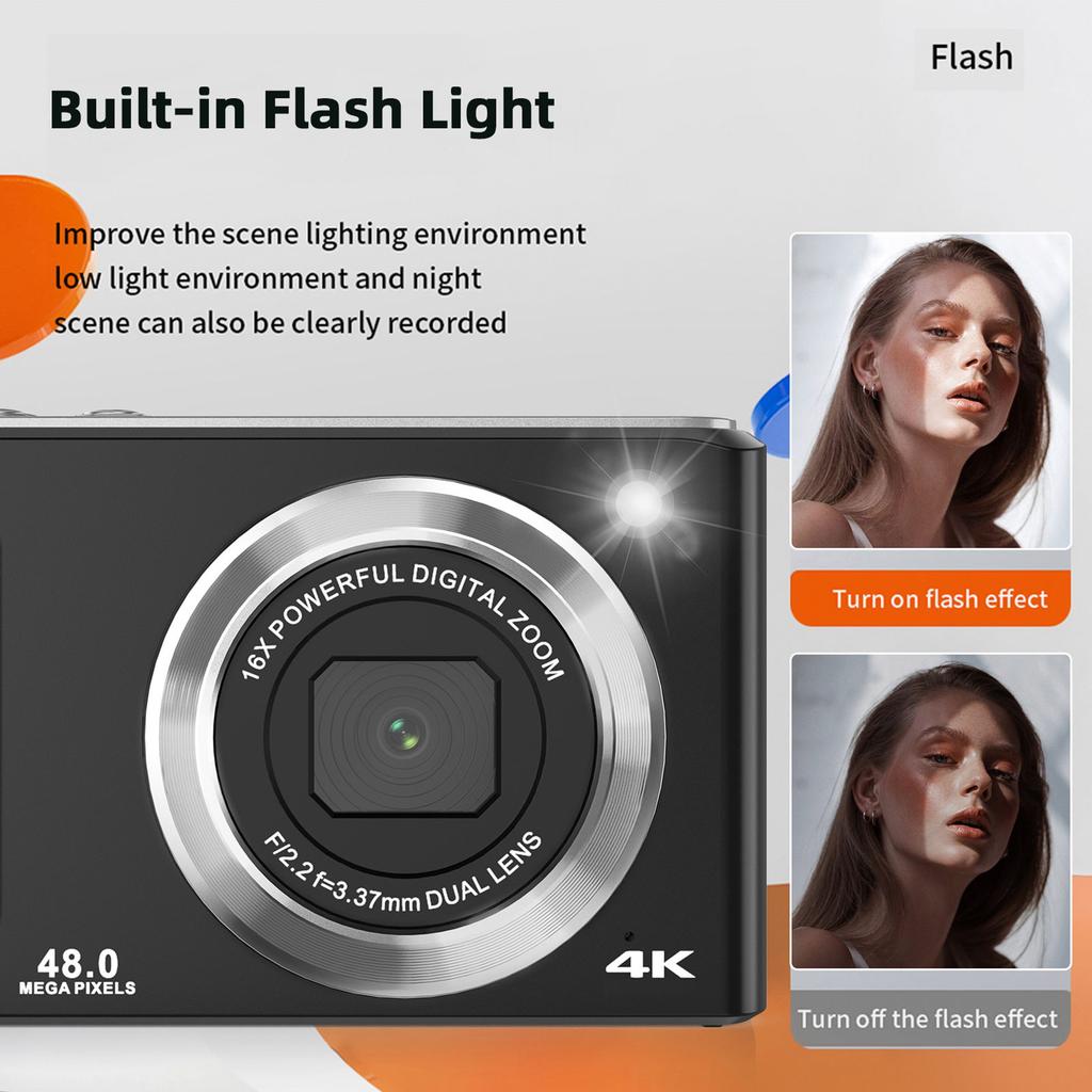 4K Digital Camera Digital Video Camera 48MP Dual Lens 2.8 Inch IPS Screen Auto Focus 16X Digital Zoom Built in Flash