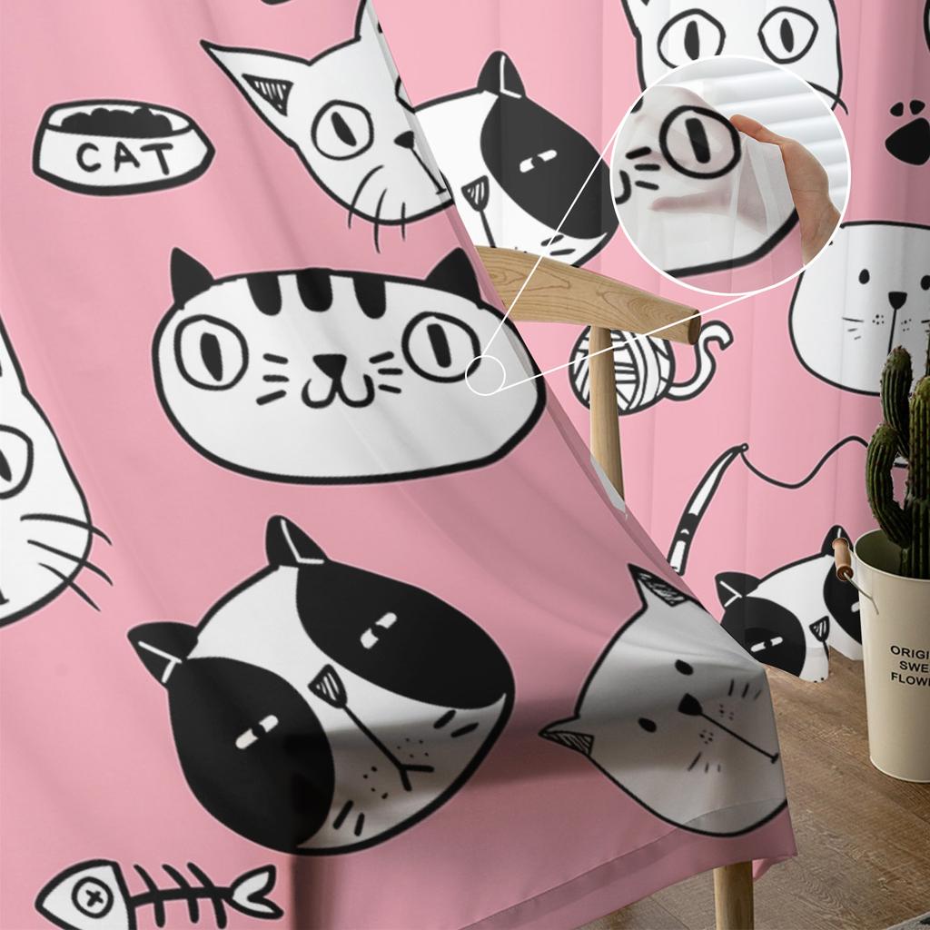 Cute Cartoon Hand Drawn Cat Tulle Curtains For Living Room Bedroom Decor Chiffon Sheer Voile Kitchen Window Curtain