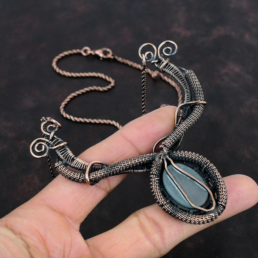 Aquamarine Necklace Copper Wire Wrapped Necklace Handmade Jewelry Gemstone Necklace Antique Copper Jewelry Engagement Gift Designer Necklace