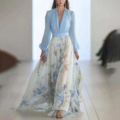 Women's Floral Print Maxi Dress with V-Neck Long Sleeve Top, Elegant Blue and Yellow Floral Skirt