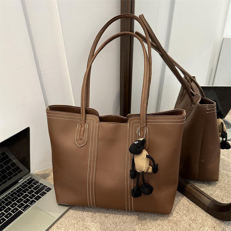 Korean Style Minimalist Bucket Bag Women Faux Leather Tote Shoulder Handbag Large Capacity Commuter Purse