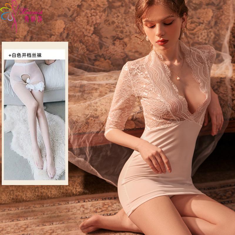 Sexy Underwear Private Room Temptation Secretary Uniform Autumn and Winter Short-sleeved Hip-wrapped Nightdress Casual Home Suit Pajamas Qqny