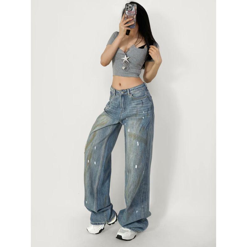 High Quality! Cotton American Heavy Industry Retro Low Waist Loose Pants Hand Frayed Old Splash Ink Paint Dirty Denim