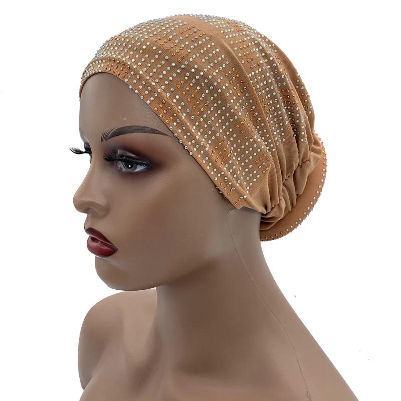 New Women Full Diamonds Donut Turban Cap Elastic Muslim Hijab Bonnet Hat Ladies Headband Turbans African India Caps