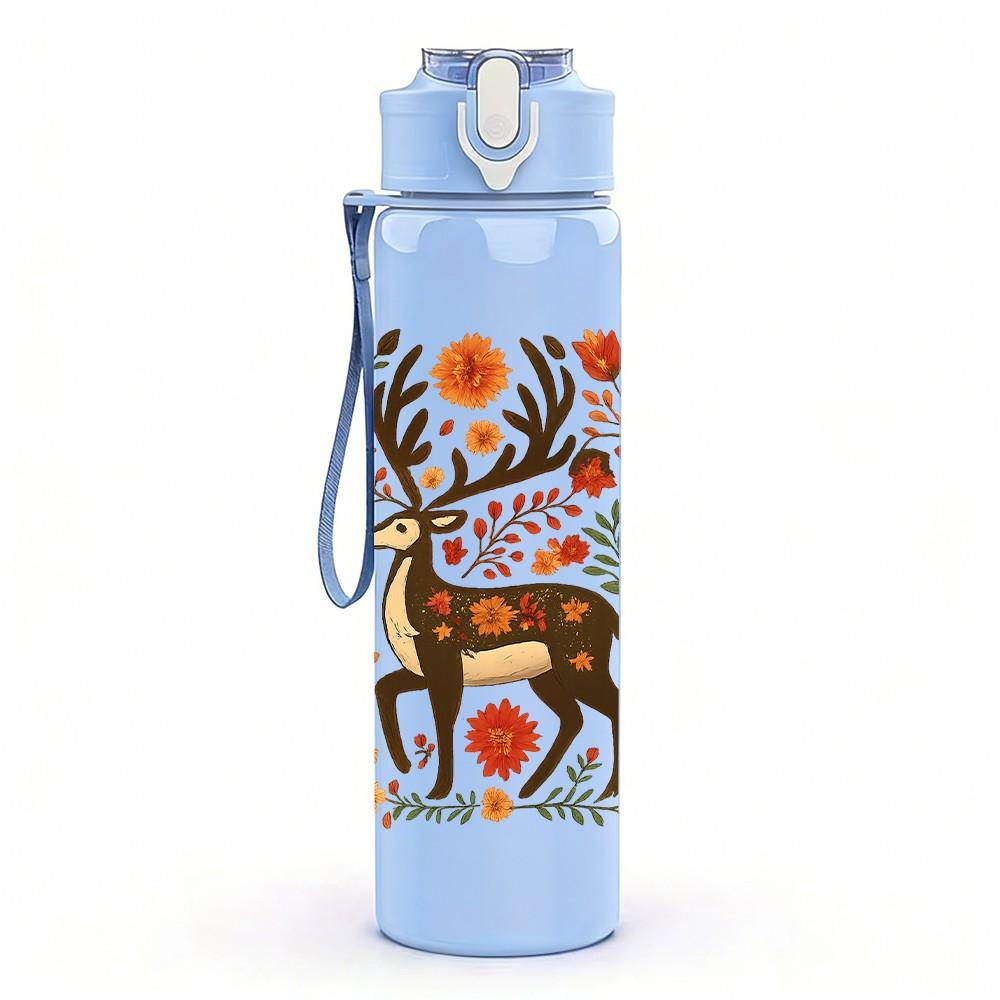 1PC Floral Folk Deer Art 750ml Color Plastic Sports Water Bottle Leakproof Flip Straw Lid Suitable for Sports Office Home Use