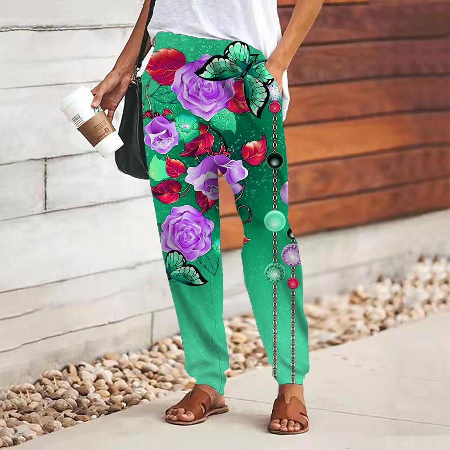 Women Flower Printing Pants Lace Up Elastic Waist Loose  Trousers Casual Long Pants Trousers with Pockets