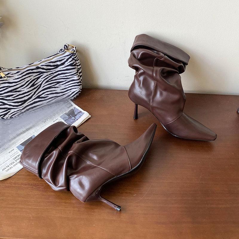 Fashion Fashion Pleated Ladies Modern Boots Shoes Thin Heels Footwear Pointed Toe Women Short Boots Female Slip On Shoes Pumps