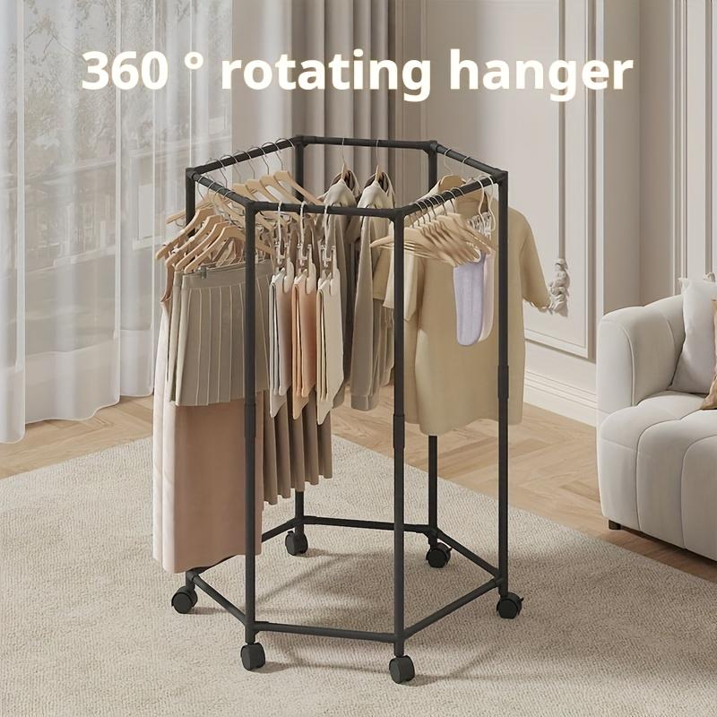 Hexagonal Rotatable Clothing Rack with Wheels – Sturdy 16mm Metal Tube, Freestanding Vertical Garment Hanger,  Black/White