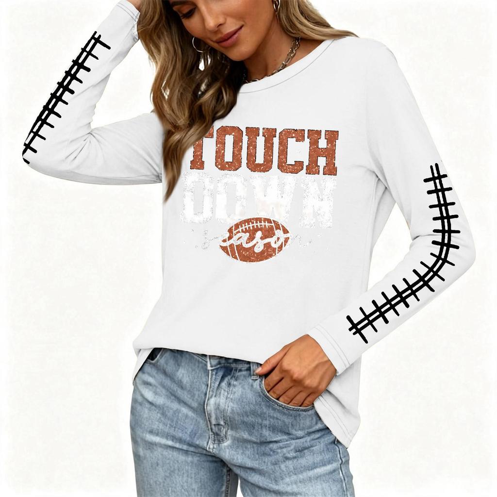 Women's Fashion Long Sleeve Neck Top with Rugby Graphic Print and Slit Hem