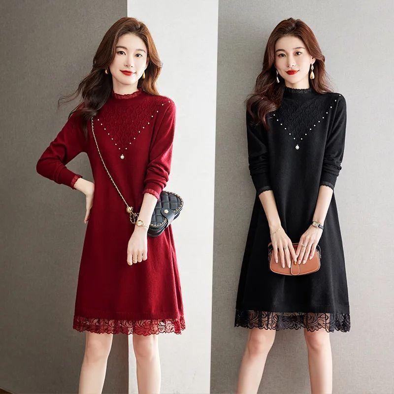 Lace Knitted Dress for Women In Autumn and Winter Large-sized Half Turtleneck Knitted Sweater Loose Mid-length Sweater Dress