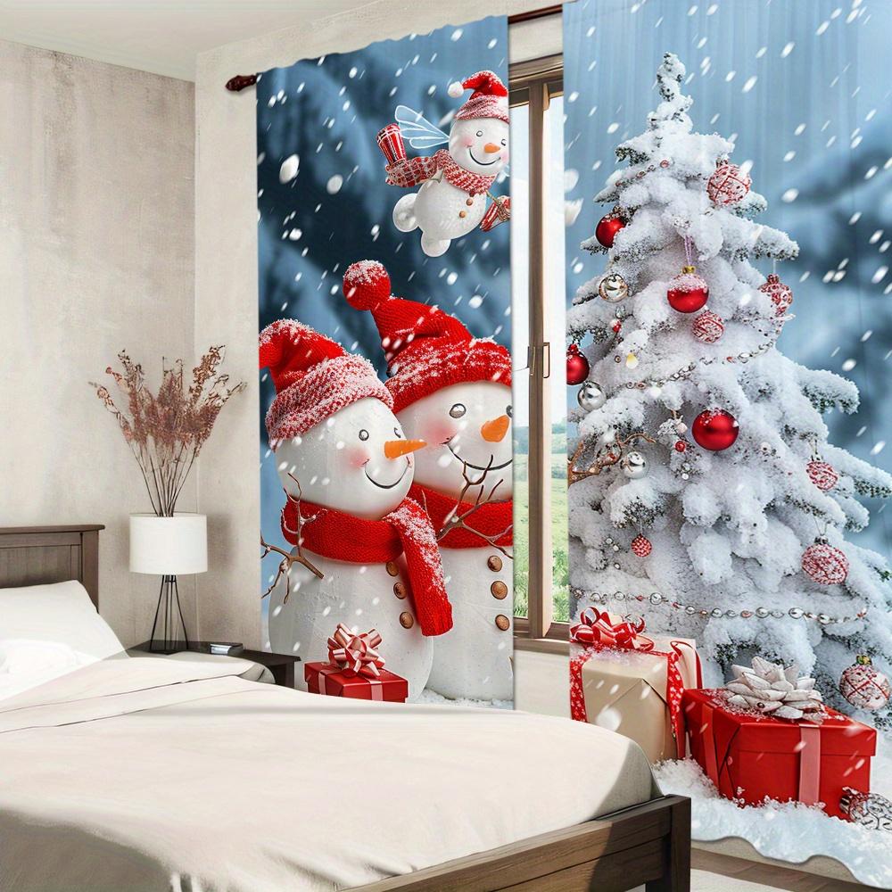 2dílná sada vánočních závěsů Sněhulák Veselé Vánoce design kapsy na tyč pro snadné zavěšení do ložnice obývací pokoj kuchyně